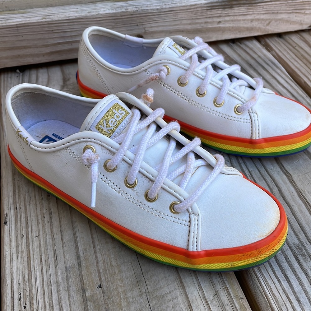 🌈 Keds Rainbow Leather Sneakers Kids Size 13 White Pride Stripe Unisex
